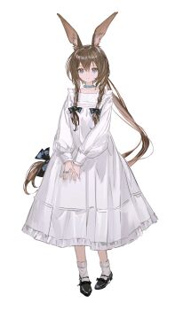 1girl absurdres amiya_(arknights) animal_ear_fluff animal_ears arknights black_bow black_shoes blue_eyes bow braid brown_hair closed_mouth commentary dot_nose double-parted_bangs dress expressionless floating_hair full_body hair_bow hair_over_shoulder highres long_dress long_hair long_sleeves mary_janes ns404 rabbit_ears rabbit_girl shoes simple_background socks solo standing symbol-only_commentary twin_braids very_long_hair white_background white_dress white_socks