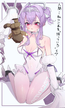 1girl absurdres ahoge anger_vein annoyed blush breasts character_doll cleavage collar commander_(nikke) detached_sleeves doll goddess_of_victory:_nikke hair_between_eyes hair_intakes hairband headgear highres holding holding_doll kneeling leotard liberalio_(nikke) pantyhose purple_hair red_eyes short_hair_with_long_locks sleeves_past_fingers sleeves_past_wrists translation_request twintails umin0buta10 white_background white_collar white_leotard white_pantyhose white_sleeves
