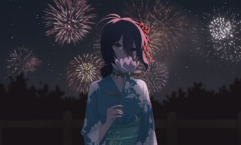 1girl aerial_fireworks alternate_costume aqua_kimono blush chainsaw_man commentary covered_mouth fireworks floral_print flower green_eyes grenade_pin hair_between_eyes highres holding holding_flower japanese_clothes kimono long_hair_between_eyes looking_at_viewer obi outdoors railing reze_(chainsaw_man) sash solo soyolan upper_body white_flower yukata