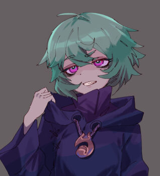 1girl alternate_ears alternate_height black_hoodie fang green_hair grin hair_between_eyes hand_up hood hood_down hoodie humanization league_of_legends long_sleeves pink_eyes purple_sweater short_hair simple_background smile solo sweater teeth vex_(league_of_legends) yoshimori_isa