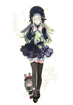 Rule 34 | 2girls, animal ears, arknights, bang dream!, bang dream! it's mygo!!!!!, black bonnet, black dress, black shoes, black thighhighs, bonnet, closed mouth, commentary, dress, floppy ears, full body, gothic lolita, green hair, hair ornament, highres, holding, holding stuffed toy, lolita fashion, long hair, long sleeves, looking at viewer, mini person, minigirl, mortis (bang dream!), mortis (costume) (bang dream!), mortis (persona) (bang dream!), multiple girls, rabbit ears, rabbit girl, shoes, sidelocks, simple background, solo, sparkle, standing, stuffed animal, stuffed rabbit, stuffed toy, thighhighs, untranslatable commentary, wakaba mutsumi, wakaba mutsumi (doll), wakaba mutsumi (marionette's id), white background, x hair ornament, yellow eyes, yuec