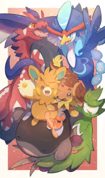 ^_^ absurdres arboliva clodsire closed_eyes commentary_request dachsbun furry highres koraidon looking_at_viewer nintendo nullma one_eye_closed open_mouth pawmot pokemon pokemon_(creature) pokemon_focus quaquaval tatsugiri tatsugiri_(curly) tongue tongue_out