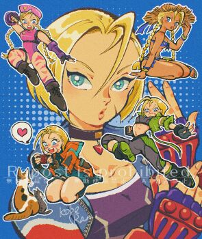 1girl absurdres adjusting_clothes adjusting_gloves adjusting_headwear artist_name beret bikini black_boots blonde_hair blue_background blue_bikini blue_eyes blue_jacket boots bracelet braid calico_(pattern) calico_cat cammy_white camouflage cat chibi chibi_inset clenched_hand commentary crop_top facial_scar fighting_stance fingerless_gloves frown furrowed_brow gloves green_jacket green_pants grey_pants grey_shirt hair_between_eyes hat heart highres jacket jewelry kneeling koberakobe leotard long_hair midriff multiple_views navel pants parted_lips pendant_choker pink_hat pink_leotard purple_shirt red_jacket scar scar_on_cheek scar_on_face shirt short_hair solo spoken_heart straw_hat street_fighter street_fighter_6 swimsuit symbol-only_commentary twin_braids two-tone_pants upper_body