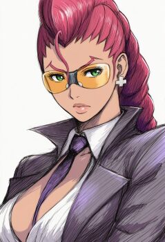 1girl ai-assisted between_breasts black_jacket braid braided_ponytail breasts closed_mouth collared_shirt crimson_viper earrings green_eyes highres jacket jaydamon jewelry large_breasts lips looking_at_viewer necktie necktie_between_breasts pompadour purple_necktie safety_glasses shirt solo street_fighter tinted_eyewear upper_body white_background white_shirt yellow-tinted_eyewear