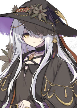Rule 34 | 1010 neg, 1girl, black hat, brown capelet, brown dress, capelet, commentary request, dress, flower, grey flower, hair over one eye, hat, hat flower, highres, long hair, looking at viewer, original, pendant choker, silk, solo, spider web, tassel, upper body, white background, white hair, witch, witch hat, yellow eyes