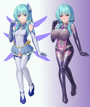 1girl aqua_hair before_and_after black_bodysuit blue_eyes blue_hair blush bodysuit boots braid breasts commentary_request corruption covered_erect_nipples covered_navel dark_persona elbow_gloves full_body garoo_hoshi gloves gradient_background hair_ornament high_heels highres impossible_bodysuit impossible_clothes large_breasts latex latex_bodysuit leotard long_hair looking_at_viewer low_twintails magical_girl multiple_girls multiple_views original pleated_skirt pubic_tattoo pubic_tattoo_visible_through_clothes reference_sheet see-through_clothes showgirl_skirt skin_tight skirt small_breasts smile solo standing tattoo thigh_boots thighhighs twintails white_thighhighs wings
