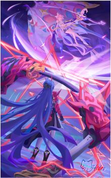 2girls barefoot black_dress black_shorts border commentary corrupted_twitter_file corset dress elysia_(herrscher_of_human:_ego)_(honkai_impact) elysia_(honkai_impact) english_commentary floating highres holding holding_staff honkai_(series) honkai_impact_3rd horns katana long_hair lucas_(lucasng29949052) manta_ray multiple_girls pink_hair purple_eyes purple_hair raiden_mei raiden_mei_(herrscher_of_thunder) red_horns short_hair short_shorts shorts spirit_of_origin_(honkai_impact) staff sword thighhighs very_long_hair weapon white_border white_corset white_thighhighs