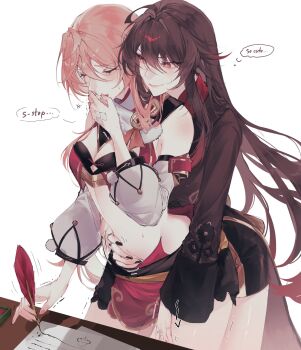 2girls ahoge bare_shoulders black_nails blush breasts brown_hair brown_jacket brown_shorts cleavage closed_eyes crop_top desk detached_sleeves flower flower-shaped_pupils genshin_impact hair_between_eyes hand_on_another's_stomach hand_on_another's_thigh hand_to_own_mouth hat hat_flower highres holding holding_quill hu_tao_(genshin_impact) jacket jewelry long_hair long_sleeves midriff multiple_girls multiple_rings nutthanunkhomk1 paper parted_lips pink_hair quill red_eyes red_shirt ring shirt shorts simple_background small_breasts smile standing symbol-shaped_pupils yanfei_(genshin_impact) yuri