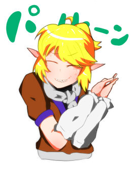 1girl anger_vein arm_warmers blonde_hair brown_shirt closed_eyes commentary_request false_smile grin highres mizuhashi_parsee own_hands_together pointy_ears ponytail r0t0n0turugi raised_eyebrows scarf sharp_teeth shirt short_hair short_ponytail short_sleeves simple_background smile solo teeth touhou upper_body white_background white_scarf