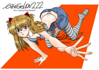 1girl all_fours ass blue_eyes blush bra breasts brown_hair evangelion:_2.0_you_can_(not)_advance full_body highleg highleg_panties huge_ass light_smile lips looking_at_viewer medium_breasts micro_panties neon_genesis_evangelion osaru panties rebuild_of_evangelion shiny_skin simple_background skirt smile souryuu_asuka_langley spread_legs striped_clothes striped_panties striped_thighhighs sweat thighhighs thong two_side_up underwear upper_body whale_tail_(clothing)