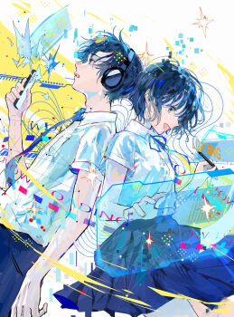 1boy 1girl back-to-back blue_bow blue_bowtie blue_hair blue_pants blue_skirt bow bowtie hagimorijia highres holding holding_pen holding_phone necktie open_mouth original pants pen phone screen shirt short_hair skirt white_shirt