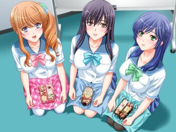 Rule 34 | 3girls, blush, breasts, cum, cum in container, cum on food, cumdrip, gokkun, hair ornament, happy, impossible clothes, indoors, large breasts, long hair, looking at viewer, multiple girls, seitokai glory hole, smile, vogue