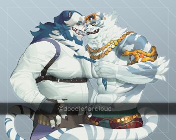 2boys abs animal_ears bara brown_gloves chest_harness clothes_grab commentary commissioner_insert dislyte doodleforcloud english_commentary eyewear_on_head fangs fingerless_gloves french_kiss from_side furry furry_male glasses gloves harness highres jin_qiu_(ru_shou)_(dislyte) jin_qiu_(ru_shou)_(wild_python)_(dislyte) kiss looking_at_another male_focus multiple_boys muscular muscular_male necktie necktie_grab neckwear_grab open_mouth pectorals profile scar scar_on_face scar_on_nose shirt smile sunglasses tail tiger_boy tiger_ears tiger_stripes tiger_tail tongue white_shirt yaoi