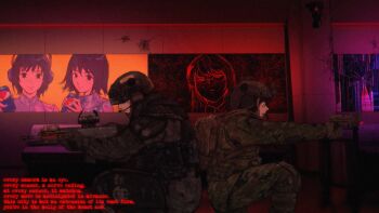 1boy 4girls artificial_intelligence assault_rifle bad_link black_hair bullet_hole clenched_teeth english_text frown gun hair_ornament handgun hearts_of_iron highres holding holding_weapon iaart1 long_hair looking_at_another multiple_girls pepsi red_star rifle scared security_camera short_hair soource:file_provided_by_artist star_(symbol) star_hair_ornament teeth the_fire_rises the_long_march_(tfr) war weapon