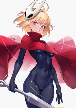 1girl absurdres arcueid_brunestud black_bodysuit blonde_hair blush bodysuit breasts cloak cosplay covered_navel fukou grin highres hollow_knight hollow_knight:_silksong horned_mask hornet_(hollow_knight) hornet_(hollow_knight)_(cosplay) impossible_bodysuit impossible_clothes large_breasts latex latex_bodysuit looking_at_viewer mask needle_(hollow_knight) red_cloak red_eyes short_hair smile solo thighs tsukihime white_mask