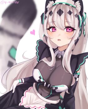 1girl absurdres animal_ears apron breasts cat_ears cat_girl cat_tail hair_ribbon highres huge_breasts indie_virtual_youtuber long_hair maid maid_apron maid_headdress miraclaw non-web_source pink_eyes qui ribbon signature snow_leopard_ears snow_leopard_girl snow_leopard_tail solo tail virtual_youtuber white_background white_hair