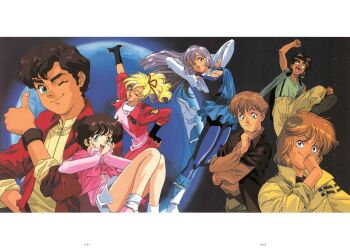 1990s_(style) 3girls 4boys absurdres beecha_oleg blonde_hair brown_hair earth_(planet) elle_vianno fingerless_gloves bad_tag gloves green_eyes gundam gundam_team gundam_zz happy highres ino_abbav jacket judau_ashta kitazume_hiroyuki leina_ashta mondo_agake multiple_boys multiple_girls open_mouth orange_hair planet purple_hair retro_artstyle roux_louka scan science_fiction siblings smile thumbs_up traditional_media