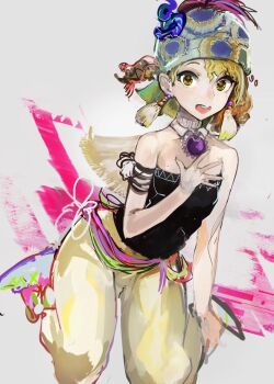 Rule 34 | 1girl, bare shoulders, blonde hair, earrings, final fantasy, final fantasy vi, full body, jewelry, looking at viewer, open mouth, relm arrowny, short hair, solo, strapless, turban, uturo