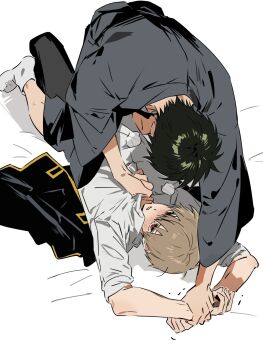 2boys arms_up black_hair black_jacket black_pants blush brown_hair clothes_grab gintama grabbing_another's_shirt hand_on_another's_wrist hashtag-only_commentary highres hijikata_toushirou jacket long_sleeves lying male_focus multiple_boys okita_sougo on_back pants parted_lips shang_okihiji shinsengumi_(gintama) shirt socks white_shirt white_socks yaoi