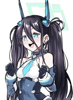 1girl :d absurdres aqua_halo aris_(armed)_(blue_archive) aris_(blue_archive) black_gloves black_hair blue_archive blue_eyes breasts commentary_request gloves halo highres long_hair official_alternate_costume open_mouth simple_background small_breasts smile solo synchroman teeth upper_teeth_only white_background