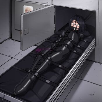 Rule 34 | 1girl, absurdres, bdsm, black hair, blue eyes, bondage, bound, breasts, commentary, commission, cross-laced clothes, english commentary, gag, gag harness, harris hero, highres, immobilization, lying, medium breasts, on back, original, panel gag, photo (object), scared, second-party source, sex toy, short hair, sleepsack, solo, variant set, vibrator, wide-eyed