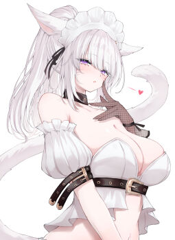 1girl absurdres animal_ears bare_shoulders belt black_choker breasts brown_gloves cat_ears cat_girl cat_tail choker cleavage commentary_request crop_top detached_sleeves facial_mark final_fantasy final_fantasy_xiv fishnet_gloves fishnets gloves highres large_breasts long_hair looking_at_viewer maid_headdress midriff miqo&#039;te navel parted_lips ponytail purple_eyes sana_(sanamaru_0w0) shirt short_sleeves solo strapless strapless_shirt tail upper_body warrior_of_light_(ff14) white_hair white_shirt