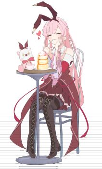 1girl absurdres animal_ear_hairband animal_ears arcaea bare_shoulders boots bow braid chair collar commentary_request culumi_0416 cup detached_collar detached_sleeves dress eating fake_animal_ears food frilled_collar frills hairband heart highres holding_utensil kou_(arcaea) lace-up_boots long_hair pancake pantyhose pink_hair rabbit_ear_hairband rabbit_ears red_dress simple_background sitting smile solo stuffed_toy table teacup thigh_boots utensil_in_mouth white_background