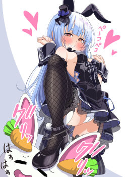 1girl absurdres animal_ears black_dress black_hat black_shoes blue_hair blush closed_mouth commentary_request dress fake_animal_ears fishnet_thighhighs fishnets hat heart high_heels highres hololive long_hair mini_hat one_side_up panties pekomon_(usada_pekora) rabbit_ears shoes smile solo stepped_on thighhighs underwear usada_pekora virtual_youtuber white_panties yellow_eyes yokojima_kemomi_mi_chuushin