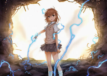 1girl breasts brown_eyes brown_hair brown_sweater_vest commentary_request damaged dress_shirt electricity electrokinesis emblem feet_out_of_frame glowing grey_skirt hair_between_eyes hole isshi_pyuma looking_at_viewer loose_socks medium_hair miniskirt misaka_mikoto outstretched_arm pleated_skirt psychic rebar revision rubble school_emblem school_uniform science_fiction shirt short_sleeves skirt sleeveless sleeveless_sweater small_breasts socks solo standing summer_uniform sweater sweater_vest t-shirt toaru_kagaku_no_railgun toaru_majutsu_no_index tokiwadai_school_uniform white_shirt white_socks