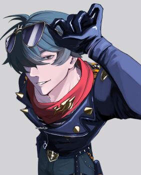 Rule 34 | 1boy, adjusting eyewear, arm up, commentary, green eyes, green hair, green pants, grey background, hair over one eye, half-closed eyes, highres, jacket, karikari be, leaning forward, leather, leather jacket, lighter (zenless zone zero), looking at viewer, male focus, pants, parted lips, red pupils, red scarf, scarf, short hair, smile, solo, spiked belt, spiked jacket, spikes, studded gloves, sunglasses, symbol-only commentary, twitter username, upper body, zenless zone zero