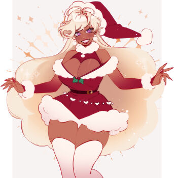 1girl belt blonde_hair blush breasts chai_(maplekeurig) cleavage cleavage_cutout clothing_cutout dark-skinned_female dark_skin dress eyebrows_hidden_by_hair fur-trimmed_dress fur_trim hat highres large_breasts lipstick long_hair looking_at_viewer makeup maplekeurig nail_polish open_mouth original purple_eyes santa_costume santa_dress santa_hat smile solo teeth thighhighs very_long_hair white_thighhighs