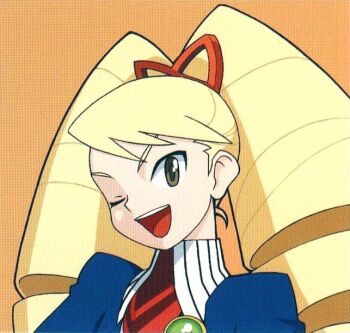 1girl blonde_hair bow drill_hair green_eyes hair_bow long_hair luna_platz_(mega_man) mega_man_(series) mega_man_star_force_(series) official_art one_eye_closed open_mouth orange_bow simple_background smile third-party_source twin_drills