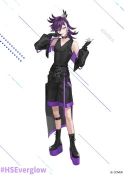 1boy banzoin_hakka belt black_belt black_boots black_choker black_gloves black_hands black_jacket black_shirt black_shorts black_tank_top boots chest_belt choker collar collared_jacket colored_extremities copyright_notice cropped_jacket feather_hair_ornament feathers fingerless_gloves fingernails full_body gloves hair_ornament hashtag head_tilt highres holostars holostars_english holostars_english_idol_uniform idol_clothes jacket jacket_partially_removed long_fingernails long_hair male_focus multiple_belts official_art platform_boots ponytail purple_belt purple_collar purple_hair red_ribbon ribbon second-party_source shin_strap shirt shorts sleeveless sleeveless_shirt solo tank_top virtual_youtuber waist_cape
