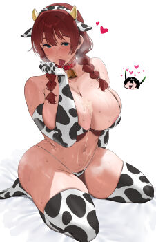 2girls after_paizuri animal_collar animal_ear_hairband animal_ears animal_print ass bed_sheet bell bikini braid brown_hair collar commentary cow_ears cow_horns cow_print cow_print_bikini cow_print_gloves cow_print_thighhighs cowbell cum emma_verde english_commentary fake_animal_ears fake_horns female_pubic_hair freckles gloves hairband highres horns huge_ass implied_futanari licking licking_cum love_live! love_live!_nijigasaki_high_school_idol_club multiple_girls navel okpriko print_bikini print_gloves print_thighhighs pubic_hair pubic_hair_peek sitting sweat swimsuit takasaki_yu thick_thighs thighhighs thighs tongue tongue_out twin_braids wariza white_background
