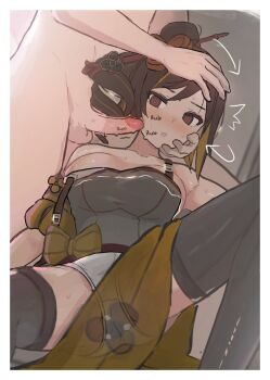 1boy 1girl @_@ black_thighhighs blush border breasts brown_hair chiori_(genshin_impact) clothed_female_nude_male commentary erection genshin_impact hand_on_another&#039;s_head hetero large_breasts nude open_mouth penis penis_on_cheek red_eyes solo_focus testicles thighhighs uncensored valenthania white_border