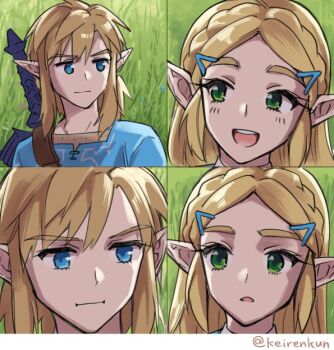 1boy 1girl blonde_hair blue_eyes blue_tunic champion&#039;s_tunic_(zelda) closed_mouth for_the_better_right?_(meme) green_eyes link master_sword meme monbetsu_kuniharu nintendo open_mouth parted_lips pointy_ears princess_zelda sidelocks smile sword sword_on_back teeth the_legend_of_zelda the_legend_of_zelda:_breath_of_the_wild the_legend_of_zelda_(live_action) tunic upper_teeth_only weapon weapon_on_back