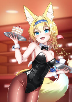 1girl absurdres animal_ear_hairband animal_ears black_bow black_bowtie black_leotard black_pantyhose blonde_hair blue_eyes blue_hairband bow bowtie breasts cake commission detached_collar fake_animal_ears food fox_ears fox_girl fox_tail hairband highres leotard medium_breasts nontraditional_playboy_bunny original pantyhose short_hair skeb_commission smile solo strapless strapless_leotard tail uma_(uma_mohumohu) wrist_cuffs