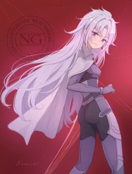 1girl a_(xenoblade) armored_bodysuit ass blue_eyes cape closed_mouth commentary_request floating_hair grey_cape grey_hair holding holding_sword holding_weapon long_hair looking_at_another looking_at_viewer monado_fencer red_background remaco solo standing sword very_long_hair watermark weapon xenoblade_chronicles_(series) xenoblade_chronicles_3 xenoblade_chronicles_3:_future_redeemed