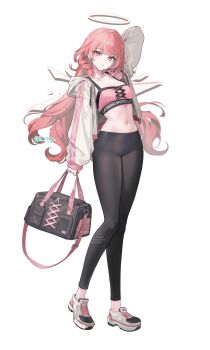 1girl alternate_costume arknights arm_behind_head bag black_bag black_pants detached_wings energy_wings full_body halo highres holding holding_bag hood hooded_jacket jacket lemuen_(arknights) long_hair looking_at_viewer navel open_clothes open_jacket pants parted_lips pink_eyes pink_hair rity shoes simple_background solo sports_bra standing stomach tight_clothes tight_pants twitter_username white_background white_jacket white_shoes wings