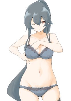 1girl adjusting_bra adjusting_clothes akara_kai black_bra black_hair black_panties blush bra breasts collarbone cowboy_shot gluteal_fold highres kantai_collection large_breasts long_hair navel panties ponytail red_eyes single_thighhigh smile solo thighhighs underwear very_long_hair yahagi_(kancolle)