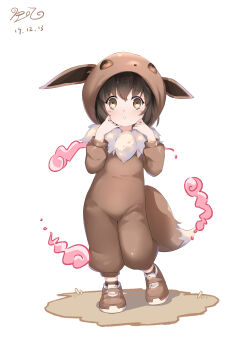 1girl absurdres animal_ears blush_stickers brown_footwear brown_hair commentary_request cosplay dated eevee eevee_(cosplay) eevee_tail gen_1_pokemon hands_up highres hood hood_up long_sleeves nainai nintendo npc_trainer parted_lips poke_kid_(pokemon) pokemon pokemon_swsh pokemon_tail shoes short_hair signature standing tail yellow_eyes