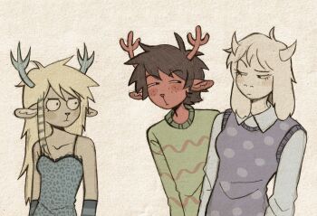 1boy 2girls aged_down ahoge animal_ears antlers arm_warmers bare_shoulders blonde_hair blue_shirt blue_streaks blue_sweater_vest blush_stickers breasts brown_hair carol_holiday collared_shirt colored_pencil_(medium) commentary deer_antlers deer_boy deer_ears deer_girl deltarune english_commentary eye_contact frown furry furry_female furry_male glaring goat_ears goat_girl goat_horns graphite_(medium) green_sweater highres horns looking_at_another medium_breasts multicolored_hair multiple_girls polka_dot raccoon_tails_(hairstyle) rudolph_holiday shirt single_sidelock sleeveless sleeveless_shirt small_breasts squinting streaked_hair striped_arm_warmers sweater sweater_vest szivarvanyturmix02 toriel traditional_media two-tone_hair utdr_(toby_fox) white_fur white_shirt