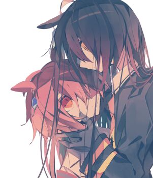 2girls agnes_tachyon_(umamusume) animal_ears black_hair brown_hair chemical_structure closed_mouth dot_mouth ear_ornament ear_tag earrings expressionless hair_between_eyes hand_on_another&#039;s_face highres horse_ears horse_girl jewelry long_hair_between_eyes long_sleeves looking_at_another manhattan_cafe_(creeping_black)_(umamusume) manhattan_cafe_(umamusume) meto_(metrin) multiple_girls red_eyes short_hair single_earring umamusume yellow_eyes yuri