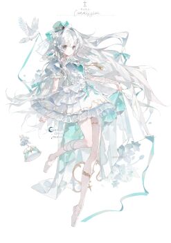 1girl absurdres bird blue_hat closed_mouth dress frilled_dress frilled_sleeves frills full_body green_eyes hat highres long_hair looking_at_viewer naka_(carolnaka_) original pigeon shoes short_sleeves simple_background smile solo watermark white_background white_dress white_hair white_shoes