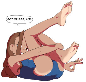 1girl ass brown_eyes brown_hair death_by_lolis deko-chan english_text feet highres long_hair lying ok_sign on_back original profanity smug soles swimsuit tan tanline toes