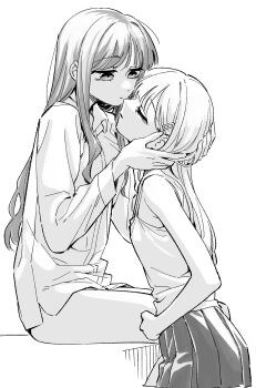 2girls absurdres bang_dream! bang_dream!_it's_mygo!!!!! bottomless camisole closed_eyes closed_mouth collared_shirt commentary_request hair_ornament hairclip hand_on_another's_face highres korean_commentary long_hair looking_at_another multiple_girls nagasaki_soyo neonfloyd pleated_skirt shirt skirt wakaba_mutsumi yuri