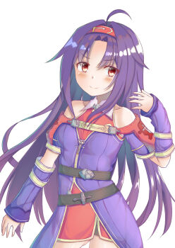 1girl ahoge bare_shoulders belt blush cowboy_shot detached_sleeves hairband long_hair parted_bangs purple_hair red_eyes red_hairband shikihara_itsuki smile solo sword_art_online sword_art_online:_hollow_realization very_long_hair white_background yuuki_(sao)
