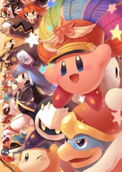 5girls :o ^_^ adeleine animal_ears armor ascot bad_id bad_twitter_id bandana_waddle_dee beak beanie belt belt_collar beret bird black_bridal_gauntlets black_eyes black_hat black_robe black_skin blonde_hair blue_belt blue_eyes blue_hat blue_hood blue_trim blunt_bangs blunt_ends blush_stickers bob_cut bow bowtie bridal_gauntlets bright_pupils cape closed_eyes collar collared_dress colored_eyelashes colored_skin coo_(kirby) copy_ability covered_mouth cross-eyed crystal dark_meta_knight dark_skin dress ear_covers eyeliner fang festival_kirby fish flamberge_(kirby) francisca_(kirby) fur-trimmed_robe fur_trim gloves gooey_(kirby) green_cape green_dress grey_eyes hair_ornament hair_over_one_eye hair_ribbon hairclip hamster hand_on_headwear happy hat hat_feather hat_ornament heart heart_print holding holding_crystal holding_polearm holding_weapon inactive_account jester_cap kine_(kirby) king_dedede kirby kirby_(series) kirby_star_allies light_particles long_hair magolor makeup marx_(kirby) marx_(true_form)_(kirby) meta_knight multiple_girls newsboy_cap nintendo no_mouth okame_nin one_eye_closed open_mouth orange_background orange_skin owl parted_lips pauldrons pink_hair pink_skin polearm pom_pom_(clothes) pom_pom_beanie poster_(medium) purple_footwear rayman_limbs red_ascot red_bow red_bowtie red_eyeliner red_footwear red_hair red_hat red_ribbon red_robe red_trim ribbon ribbon_(kirby) rick_(kirby) robe sabaton scar scar_across_eye scar_on_face scarf shako_cap shoes short_hair shoulder_armor siblings sisters slime_(creature) smile soles solid_oval_eyes spear spider_web_print star_(symbol) star_hat_ornament susie_(kirby) taranza triangle_print two-tone_headwear v-shaped_eyes void_soul void_termina weapon white_gloves white_hair white_mask white_pupils white_scarf wing_hat_ornament yellow_eyeliner yellow_eyes yellow_shoes yellow_trim zan_partizanne