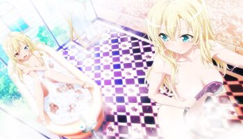 2girls bare_shoulders barefoot bath bathing bathroom bathtub blonde_hair blue_eyes blush boku_wa_tomodachi_ga_sukunai breasts bubble_bath collarbone completely_nude convenient_censoring covering_privates feet hasegawa_kobato heterochromia highres holding holding_shower_head indoors kashiwazaki_sena long_hair looking_at_another looking_back medium_breasts multiple_girls nude official_art red_eyes shower_head showering small_breasts soap_bubbles soap_censor steam steam_censor thighs tile_floor tiles watanabe_yoshihiro window