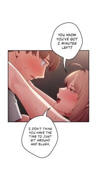 1boy 1girl animated blonde_hair dialogue_box flashing hotel_room nervous sound tagme talking video